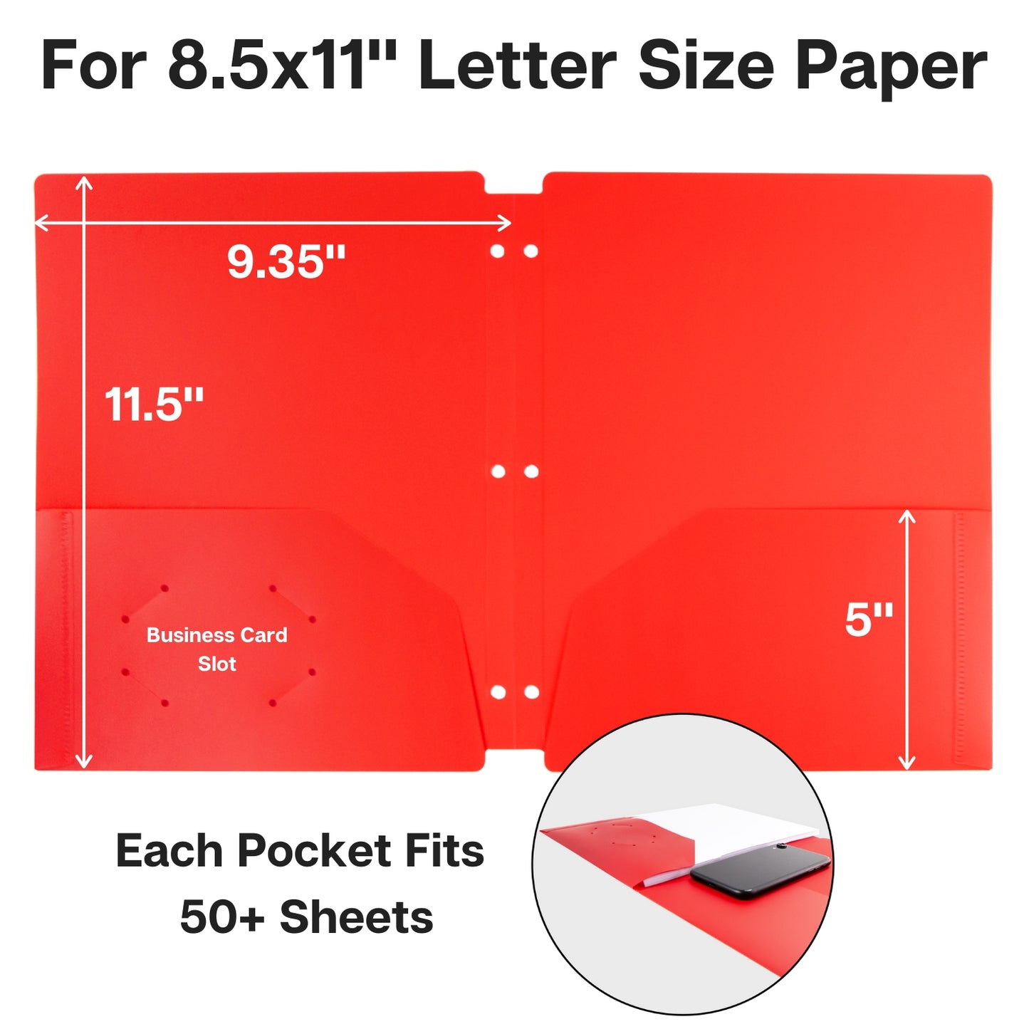 Red 3 Hole Plastic Folders With Pockets Letter Size Fit 3 Ring Binder