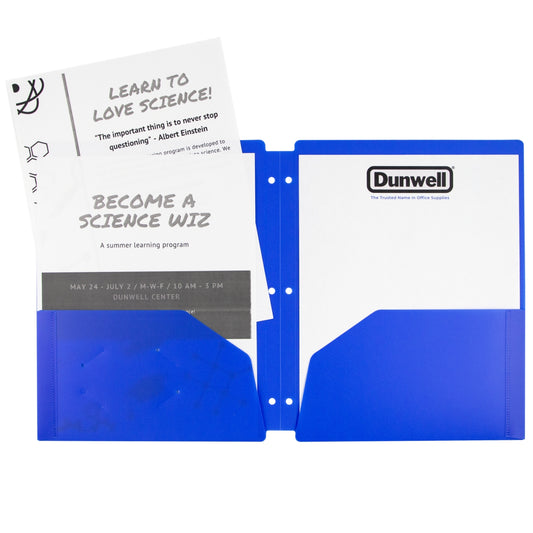Blue 3 Hole Plastic Folders With Pockets Letter Size Fit 3 Ring Binder