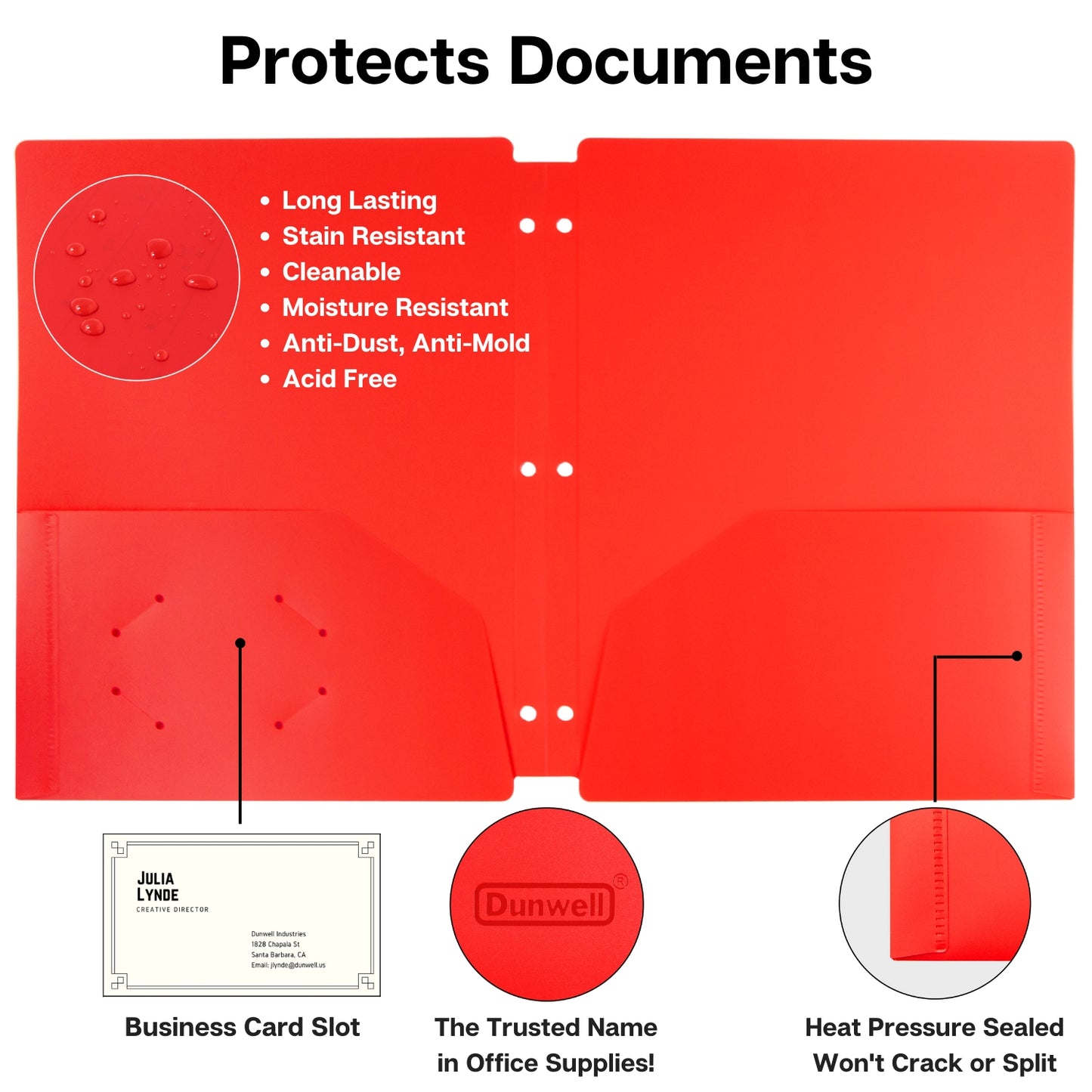 Red 3 Hole Plastic Folders With Pockets Letter Size Fit 3 Ring Binder